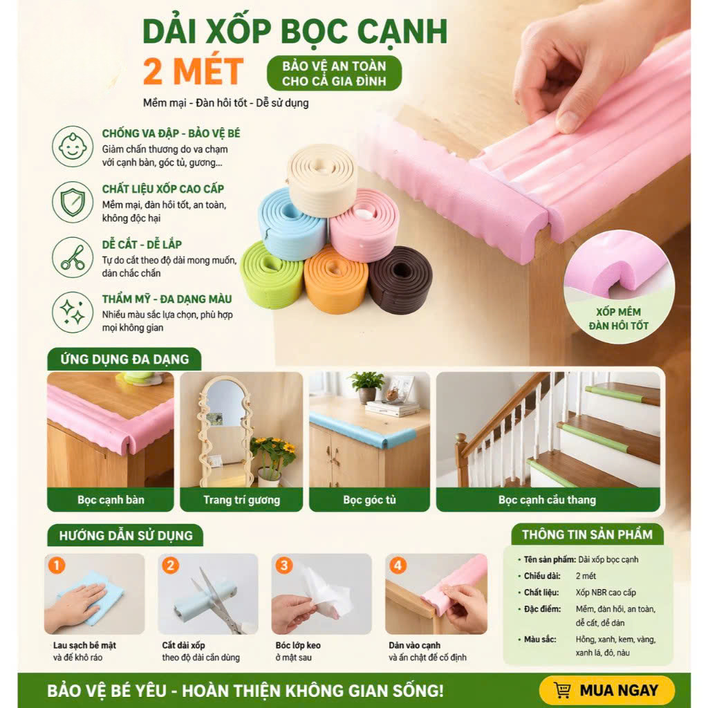 Cuộn xốp bọc cạnh bàn bịt góc chữ W bảo vệ chống sốc chống va chạm êm dày DÀI 2 MÉT Bọc Cạnh Bàn Ghế Giường Tủ Bảo Vệ Trẻ Em Dây Bọt Biển Tránh Va Đập Góc Cạnh Sắt Kèm Băng Dán - Hàng Loại 1- Chính Hãng KHÓA BẢO VỆ CÁC LOẠI