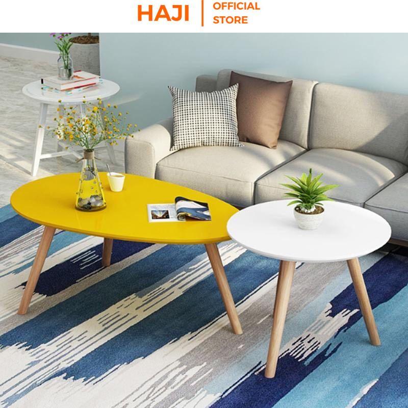 Bàn trà sofa phòng khách HAJI hình trứng hiện đại, Bàn cafe chân gỗ sồi chắc chắn màu sắc trendy sang trọng A55