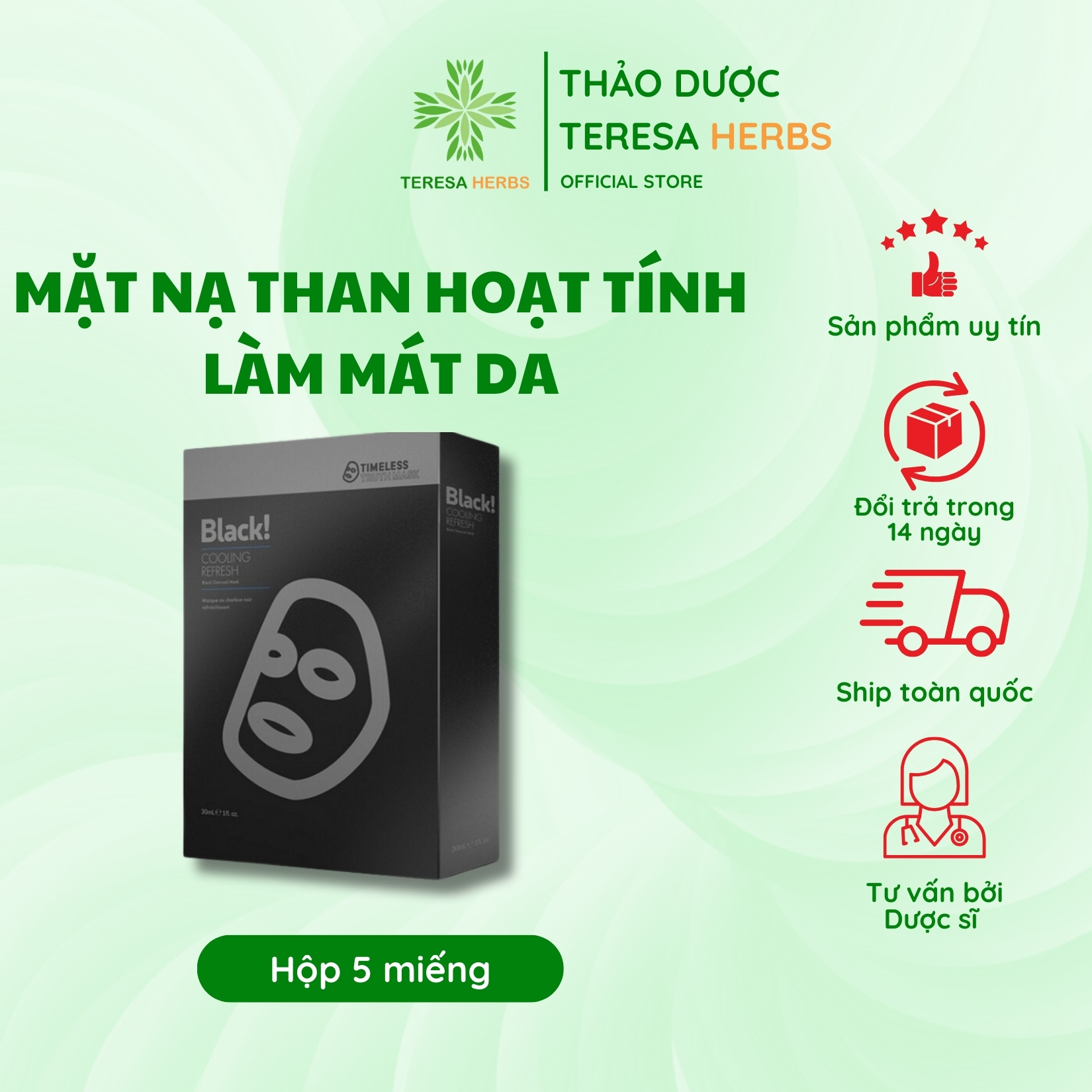 [Hộp 5 miếng] Mặt nạ Than hoạt tính Giảm bóng nhờn và Làm mát da Timeless Truth Mask Cooling Refresh