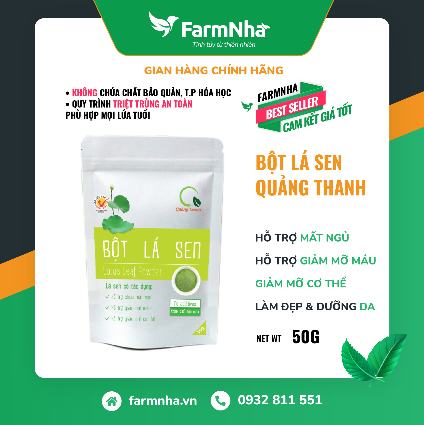 Bột lá sen Quảng Thanh 100% Organic chuẩn xuất khẩu FDA Hoa Kì - Hạ Mỡ Máu, Giảm Cân, Giảm mỡ, An Thần, Giảm stress