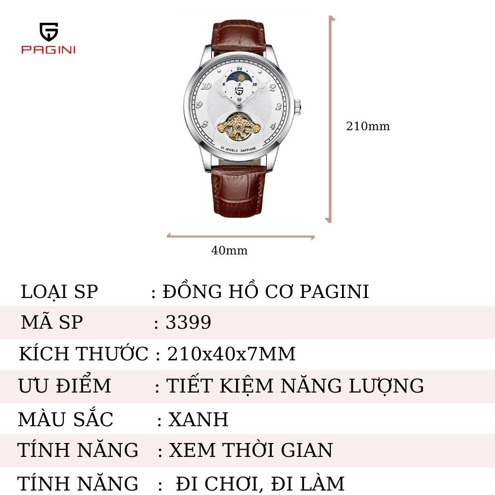 Đồng Hồ Cơ Nam PAGINI PA3399 Cao Cấp Automatic Dây Da - Chống Nước 3ATM – Thiết Kế Lịch Mặt Trăng Mặt Trời Độc Đáo