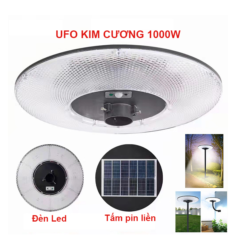 Đèn năng lượng mặt trời UFO kim cương 1000W,Vỏ nhựa ABS,Tấm pin liền,Cảm biến chuyển động, Ánh sáng trắng- 1000WUFO