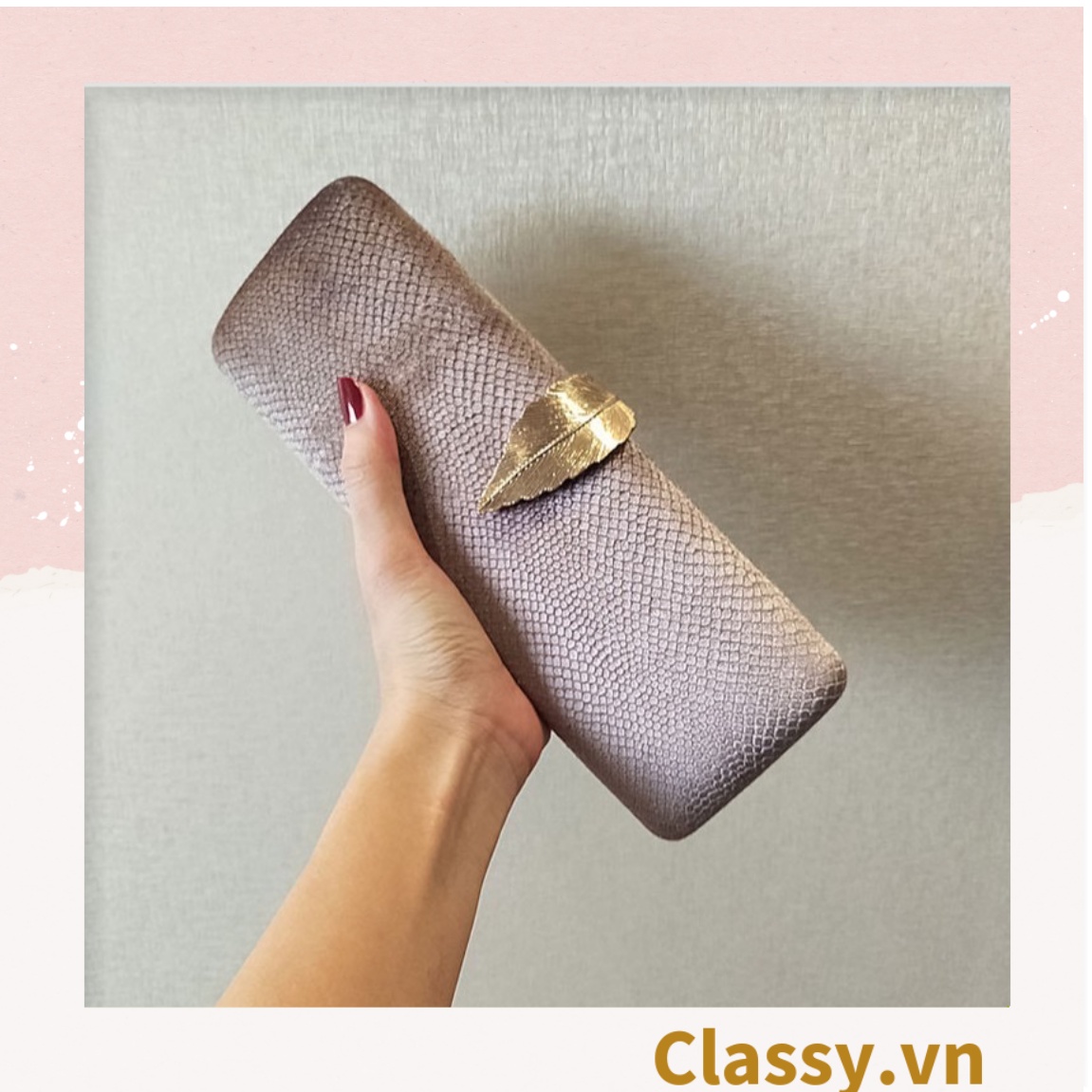 Cốp da rắn - Clutch da rắn  khóa hình chiếc lá đi tiệc siêu sang Dài 25 X rộng 8 CM, đựng vừa điện thoại, son môi