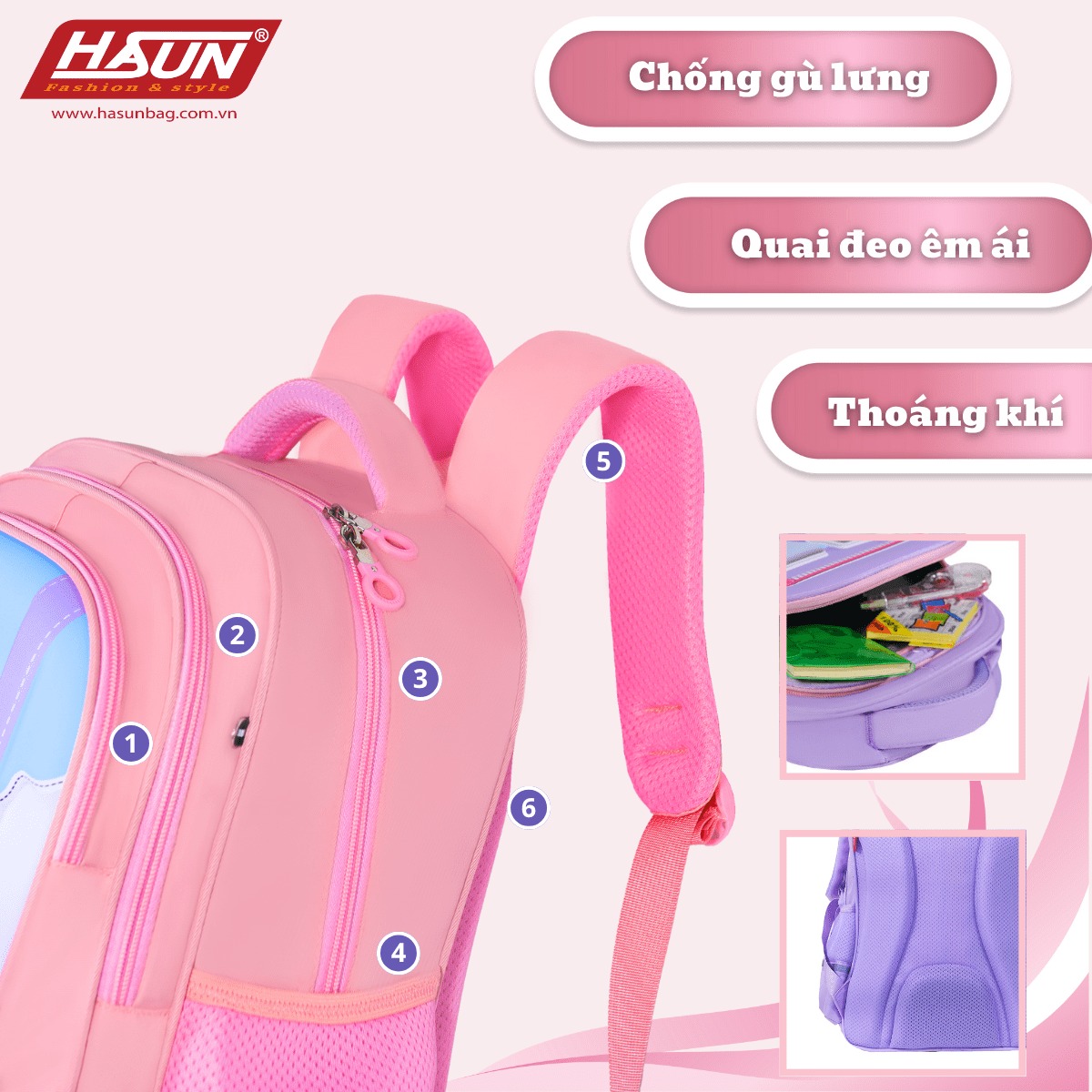 Balo chống gù HASUN HS 2541.2 cho bé trai bé gái học sinh tiểu học lớp 3 4 5 - Bảo vệ cột sống, chống thấm - Hàng Chính Hãng