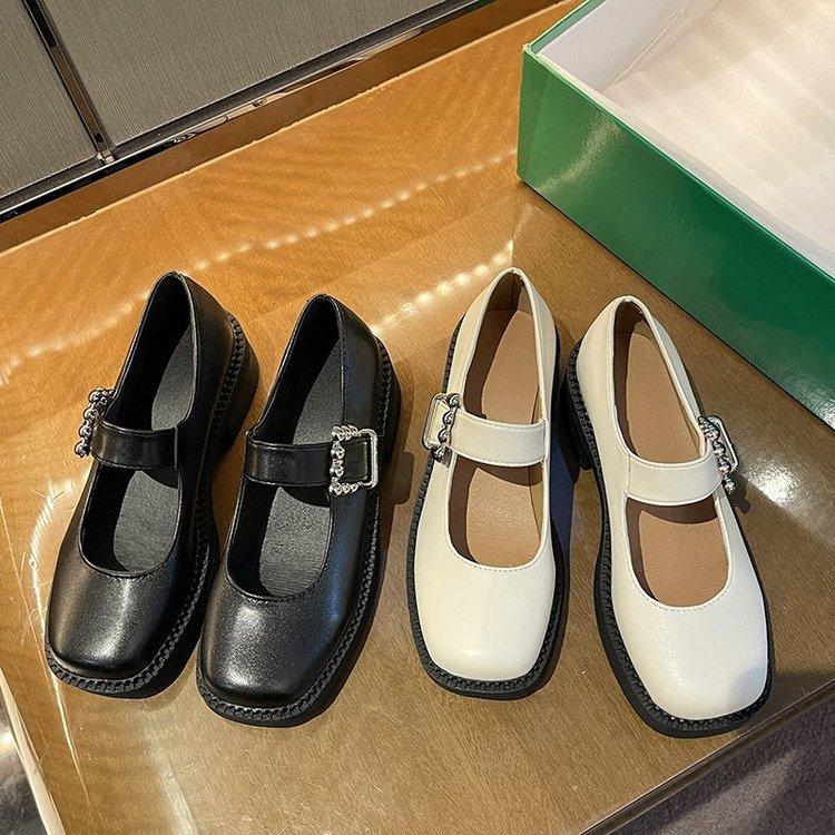 Giày Búp Bê Gót Cao Mũi Tròn Màu Trơn Phối Khóa Xinh Xắn Thời Trang Cho Phụ Nữ