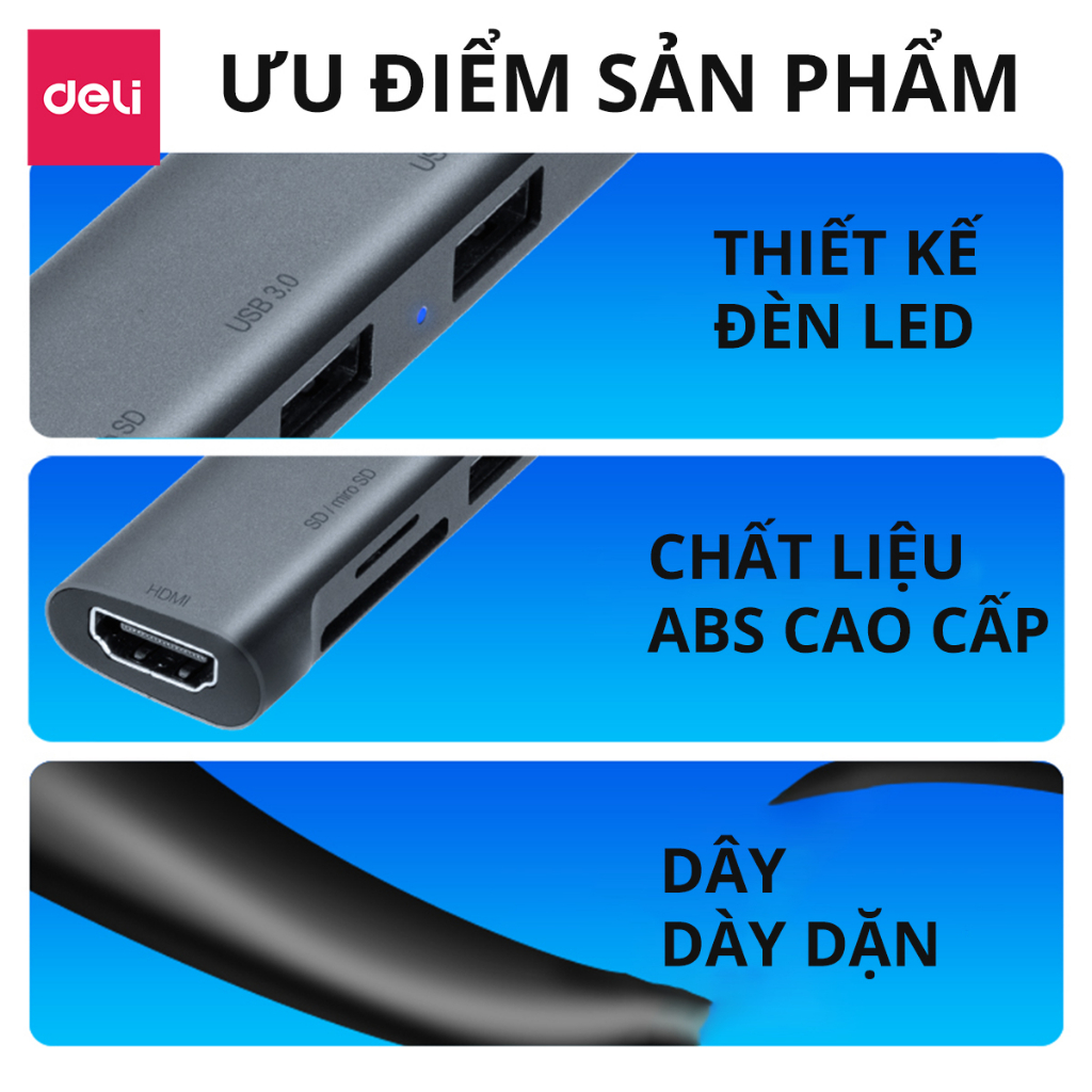 HUB Mở Rộng AOKA by DELI - Hàng Chính Hãng - 4 Cổng USB SD Card TF Card Type C và HDMI Cho Điện Thoại Máy Tính Laptop Truyền Tải Dữ Liệu Tốc Độ Cao Cao Cấp Cho Sinh Viên Học Sinh Văn Phòng