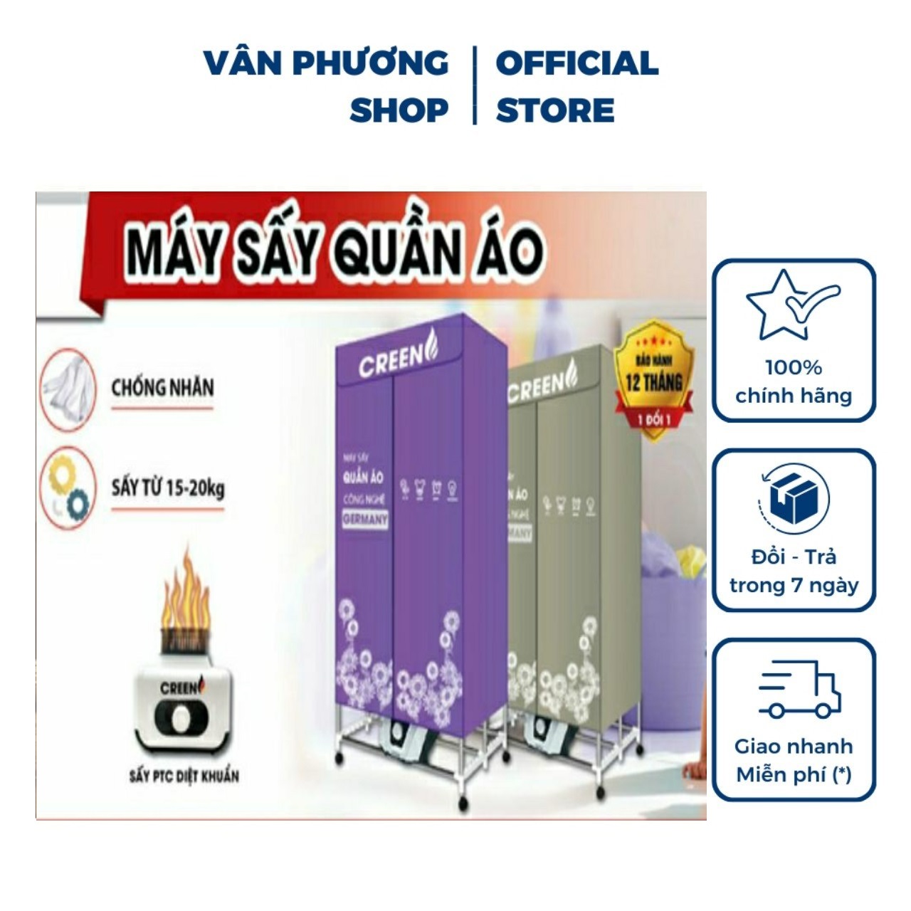 Máy sấy, tủ sấy quần áo CREEN CR-TS160 - 1500W- sấy 20Kg - Vân Phương Shop Bảo hành 12 tháng. - hàng chính hãng