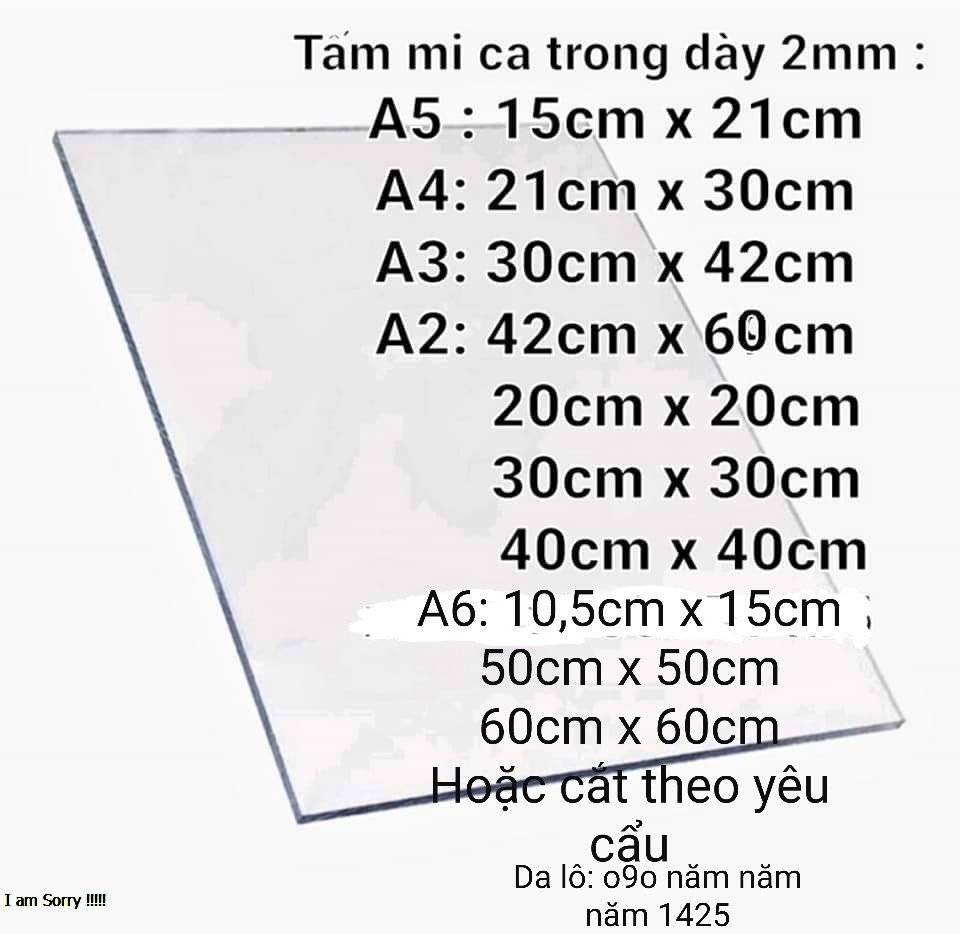Tấm mica cắt theo yêu cầu nhiều kích thước. Mi ca trong suốt dày 2mm.