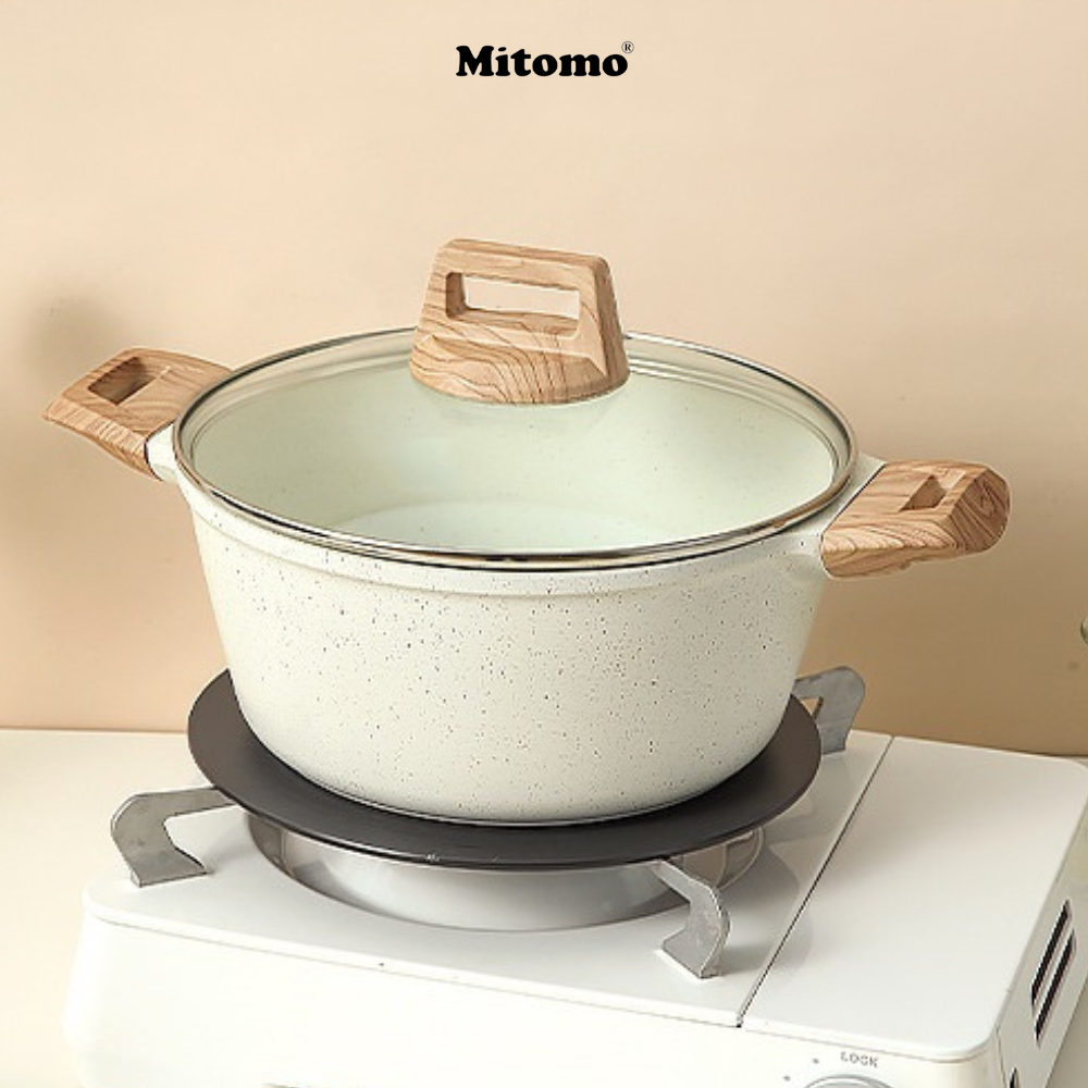 Bộ nồi vân đá chóng dính cao cấp 4 món Mitomo, đúc nguyên khối, nấu trên mọi loại bếp - Hàng chính hãng