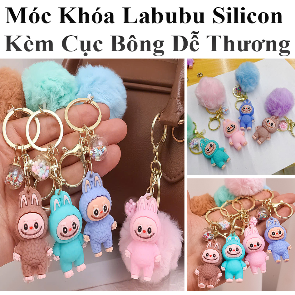 Móc Khóa Labubu Silicon Kèm Cục Bông Dễ Thương