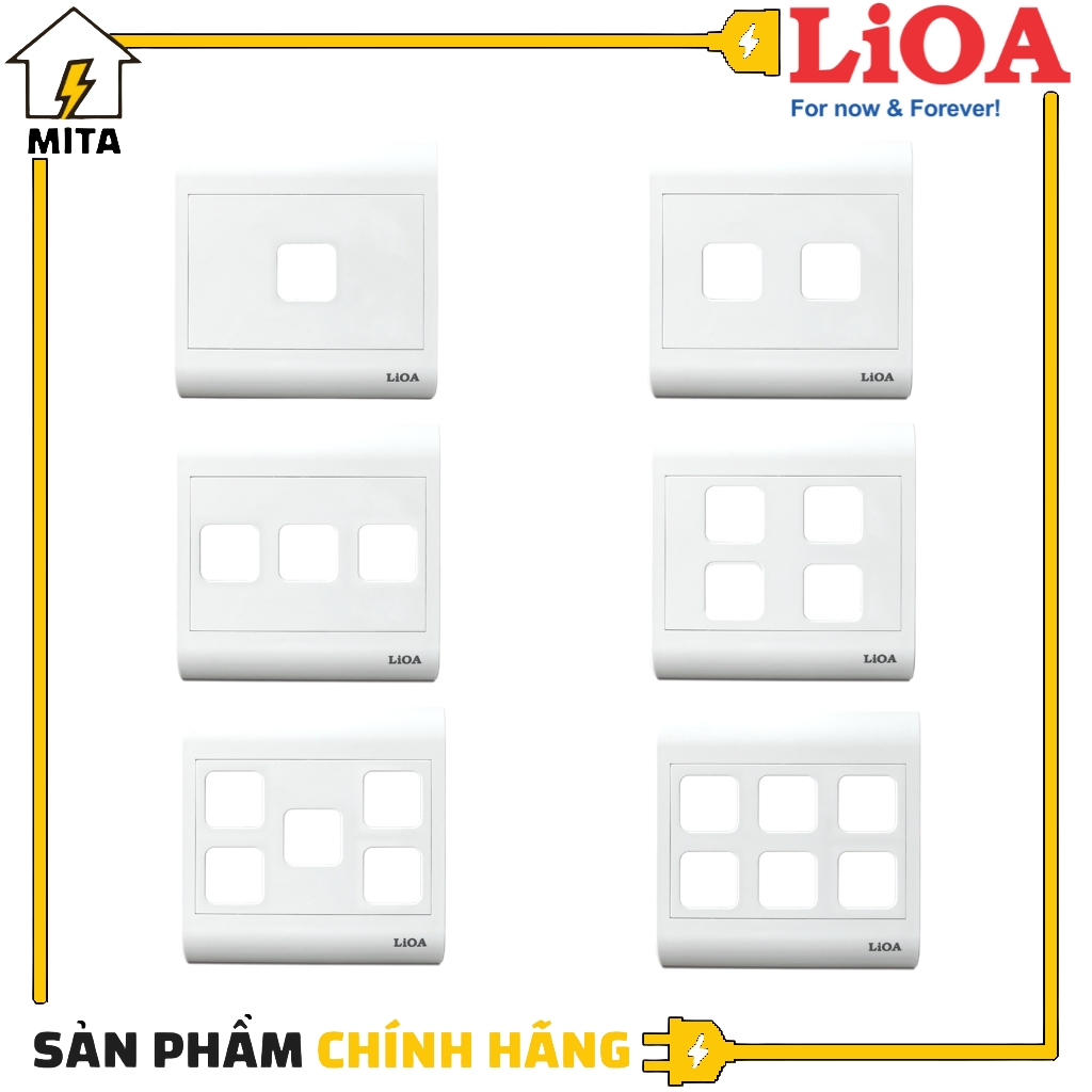 Mặt Hạt Công Tắc LiOA 1 Lỗ, 2 Lỗ, 3 Lỗ, 4 Lỗ, 5 Lỗ, 6 Lỗ Vuông Lắp Âm Tường hoặc Lắp Nổi loại mặt Vuông