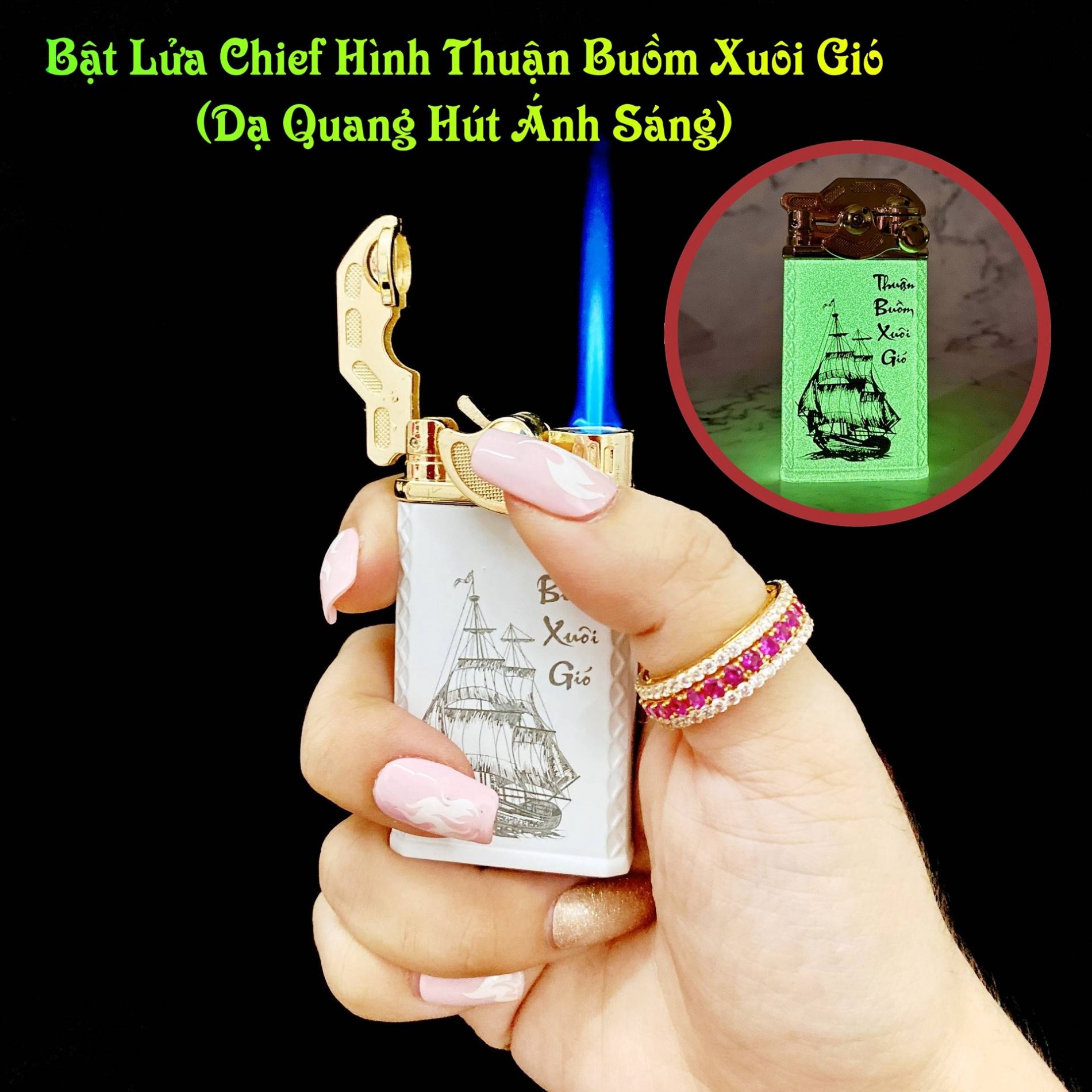 Hộp quẹt bật lửa khè Chief búng tay đánh lửa dạ quang hút ánh sáng hình thuận buồm xuôi gió - (xài gas)