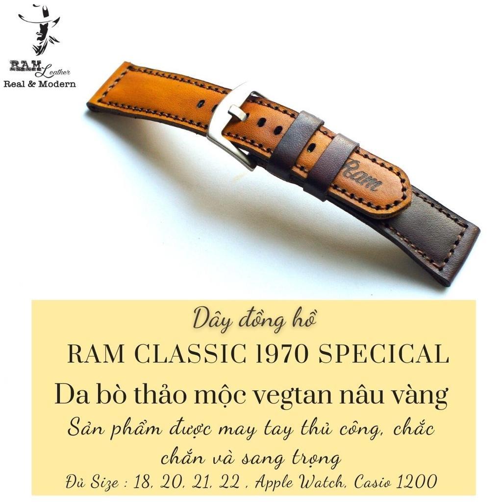 Dây đồng hồ RAM da bò vegtan Ý bền chắc - Ram classic 1970 socola + vàng