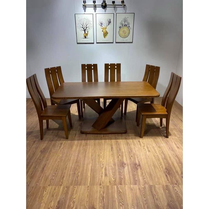 Bàn ăn 6 ghế gỗ sồi nga kiểu chân X