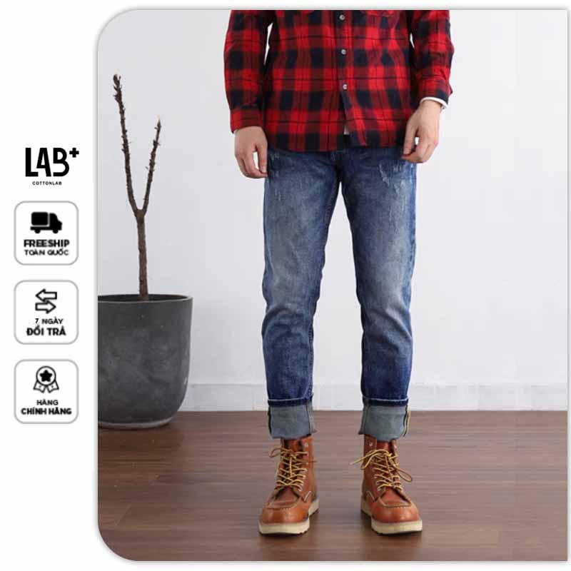 Quần jean nam cao cấp màu xanh đậm vintage rách mài nhẹ thương hiệu cottonlab - LAB220403