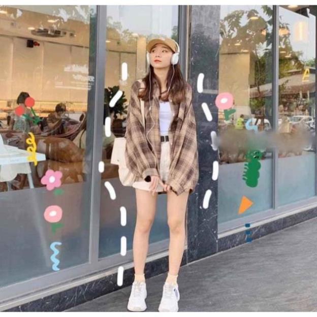 Áo sơ mi caro tay phồng siêu rộng, áo somi caro form rộng tay phồng + VIDEO, Áo Sơ Mi Tay Dài Form Rộng Họa Tiết Sọc Caro Trắng Đen Phong Cách Hàn Quốc Có 2 Màu