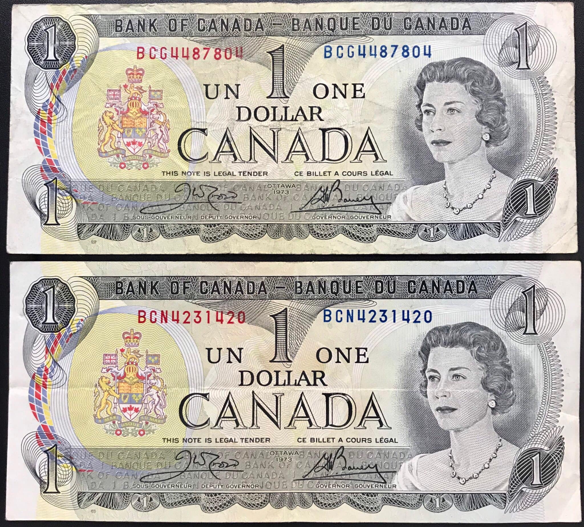 Tiền giấy Canada 1 Dollar năm 1973 chân dung nữ hoàng Elizabeth II khi trẻ .