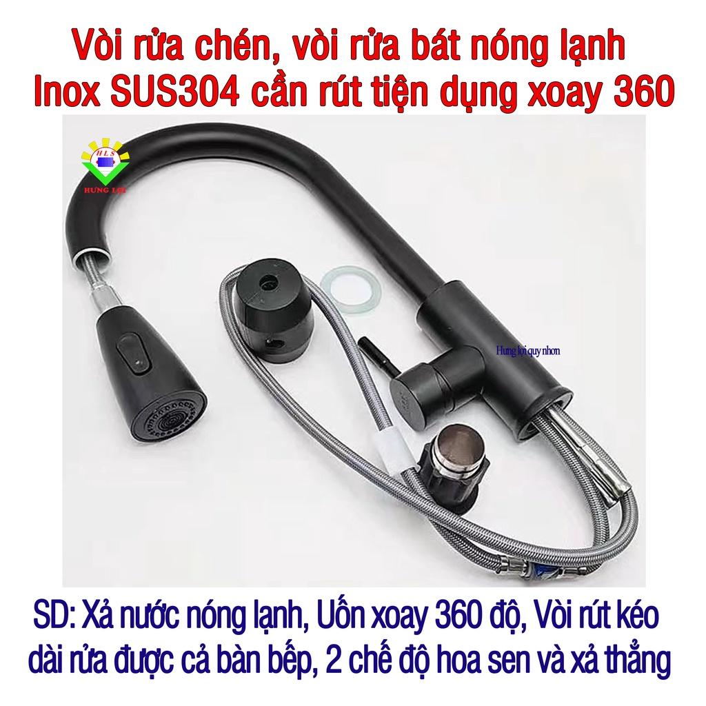 Vòi rửa chén, vời rửa bát nóng lạnh inox 304 và màu đen cần rút tiện dụng xoay 360 độ, đầu vòi 2 chế độ xả nước