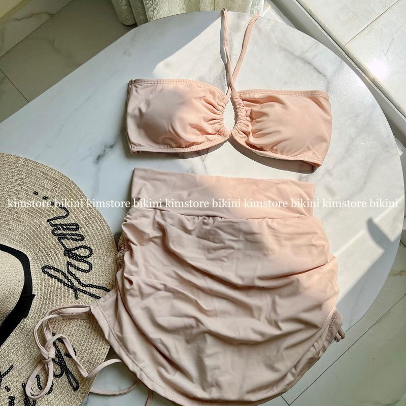 Bikini sexy cách điệu phối chân váy màu nude da chất dày dặn