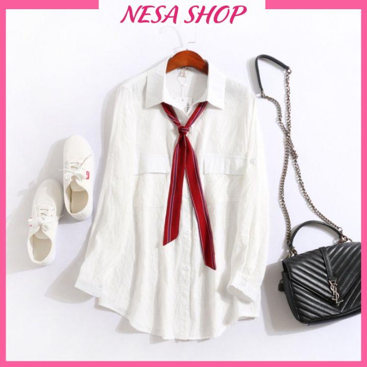 Áo sơ mi nữ trắng dài tay, áo form rộng, chất liệu Đũi tơ mềm mịn, sơ mi nữ đẹp phong cách Hàn Quốc NeSa Shop AKH.47