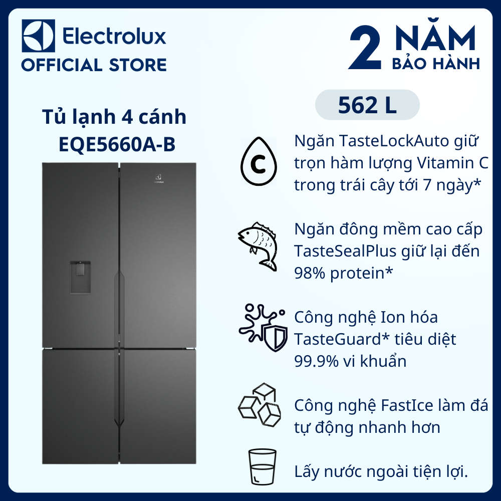 Tủ lạnh 4 cánh Electrolux 562L UltimateTaste 700 - Đen nhám, Ngăn đông mềm cao cấp, Lấy nước ngoài tiện lợi [Hàng chính hãng]