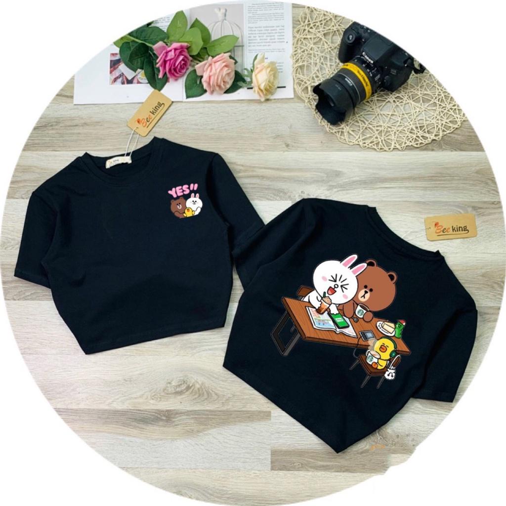 Áo thun cotton form croptop in gấu hạnh phúc cho bé gái( 2 màu đen và hồng tím)