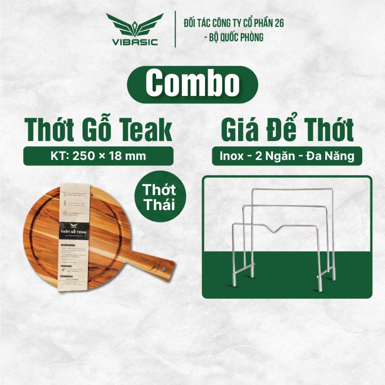 Combo Thớt Gỗ Teak và Giá Kệ Để Thớt Inox 2 ngăn - Thiết Kế Tiện Lợi