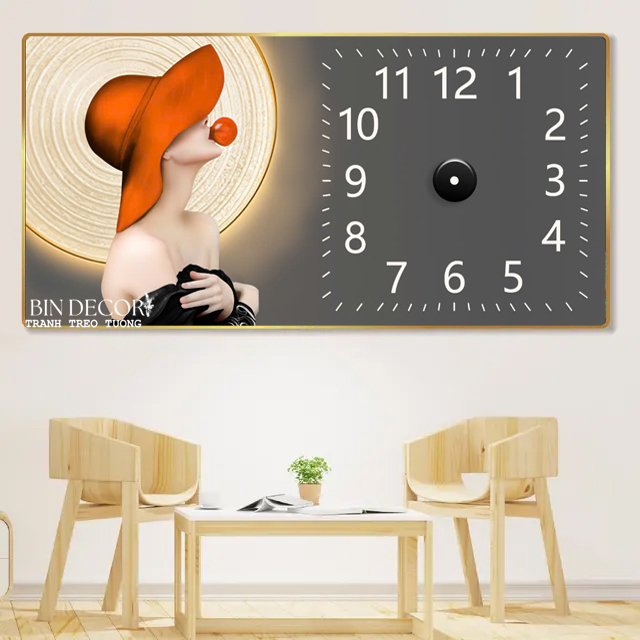 (ẢNH THẬT) Tranh đồng hồ tráng gương cô gái nghệ thuật bo viền vàng kèm đinh