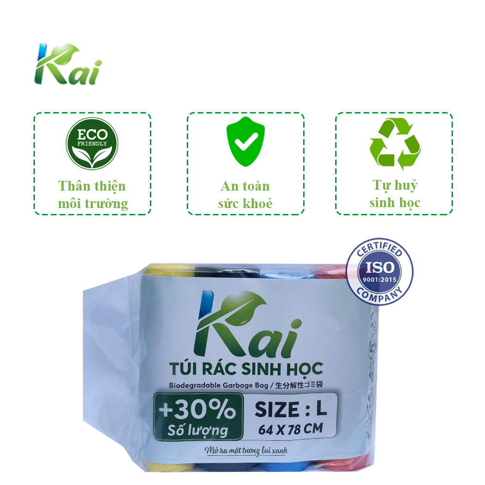 Túi rác tự phân huỷ sinh học KAI, lô 4 cuộn 4 màu, size L: 64x78cm, bền dai, thân thiện môi trường và an toàn cho sức khoẻ, tiết kiệm hơn 30%