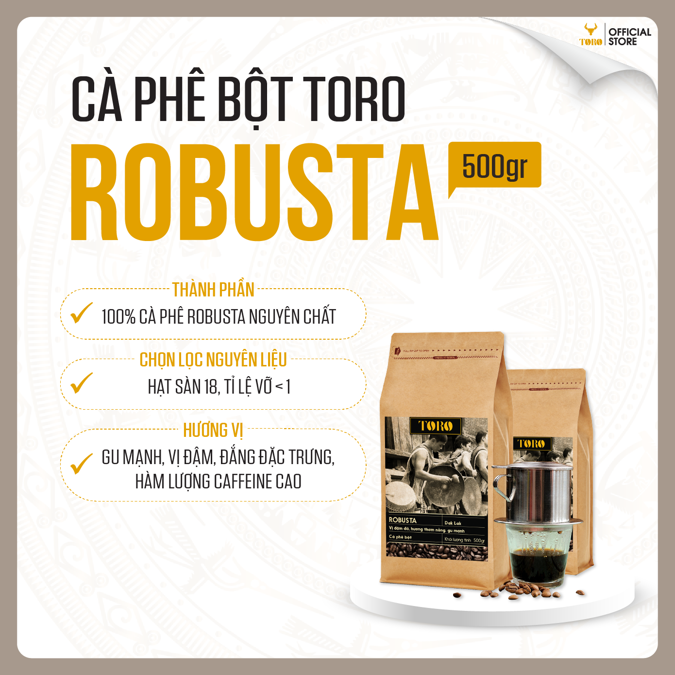[1KG] Bộ Mix Cà Phê Bột Toro Robusta &amp; Toro Robusta Honey Nguyên Chất 100% | 500GR/ gói | TORO FARM