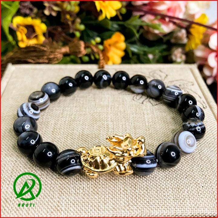 Vòng Tay Phong Thủy Mệnh Thủy - Vòng Tay Mã Não Vân Mây 8mm Mix Long Quy Vàng Độc Lạ V379-8