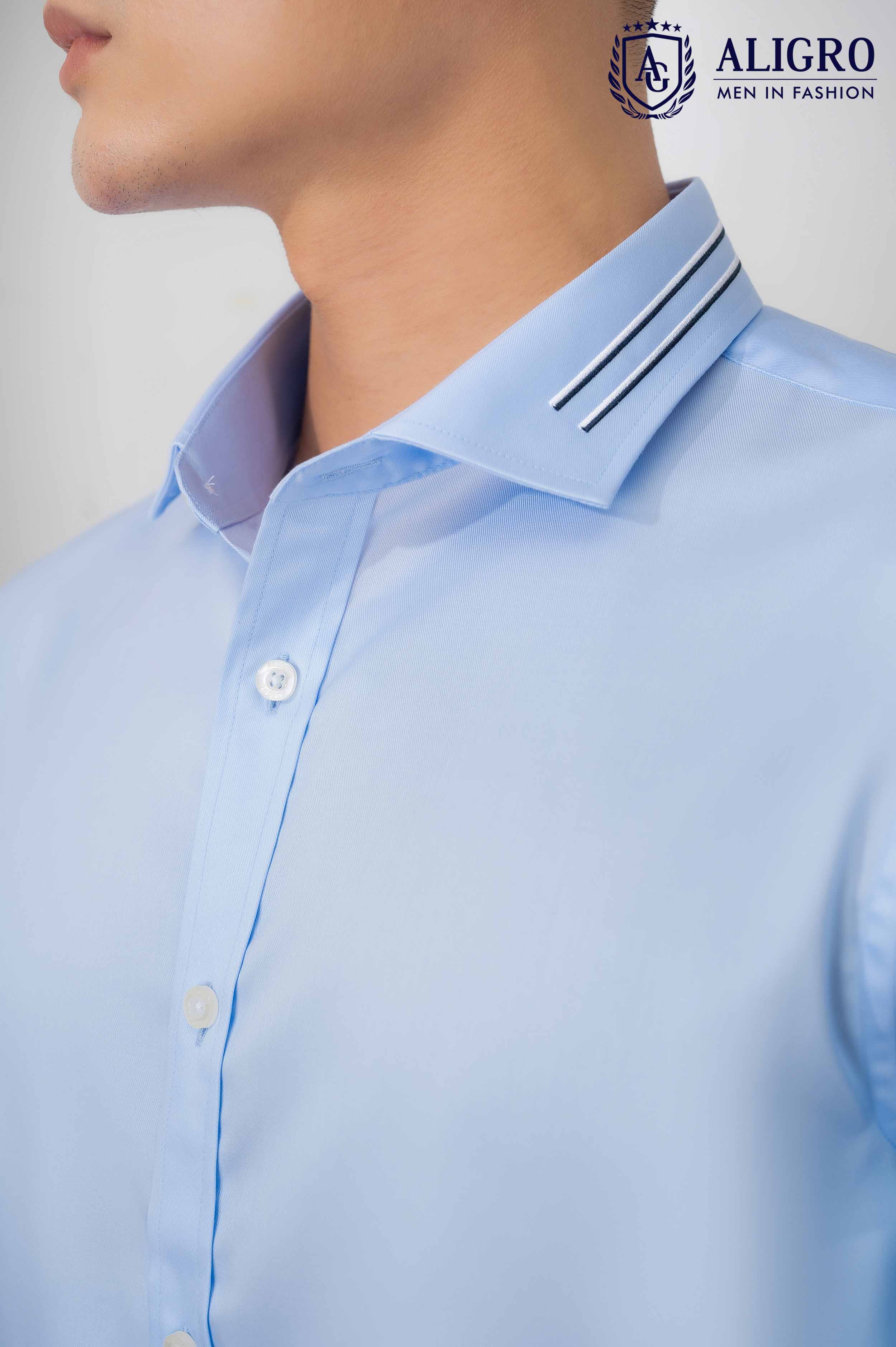 Áo sơ mi nam dài tay ALIGRO cổ bẻ dáng ôm body 100% chất cotton xanh phối cổ ALGS212