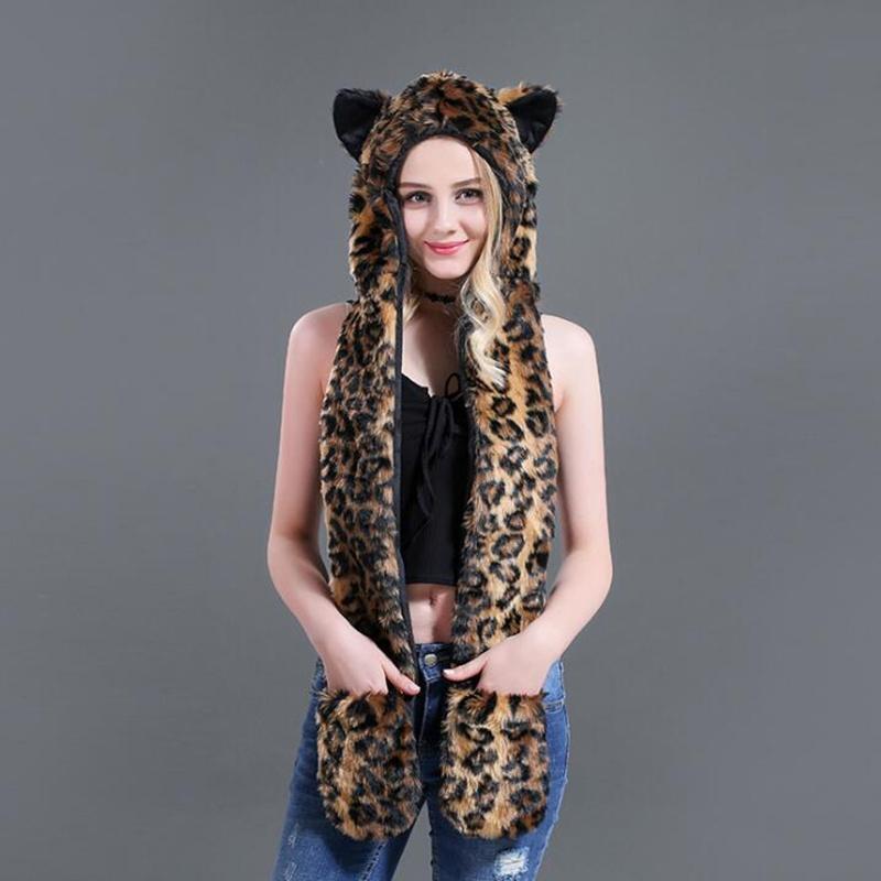 Lông Thú Giả Hood Mũ Thú Dành Cho Nam Nữ Tai Cánh Tà Tay Túi Động Vật Hood Nón Sói Sang Trọng Ấm Động Vật Nắp kèm Khăn Choàng Găng Tay H3