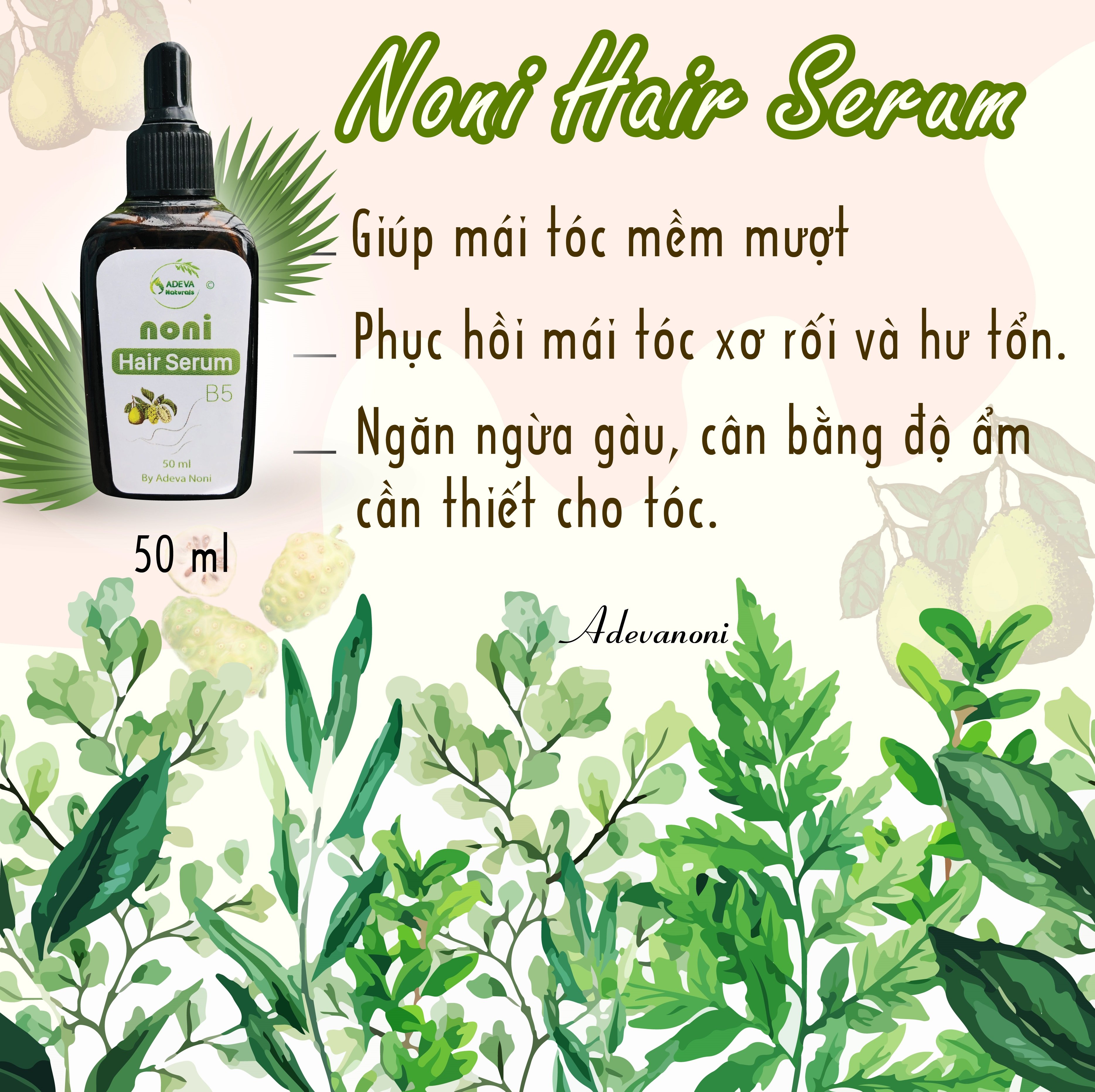 Serum dưỡng tóc Trái nhàu – Noni Hair Serum 50 ml - Phục hồi tóc hư tổn; Kích thích mọc tóc, giảm tóc gãy rụng; Giảm gàu, ngứa