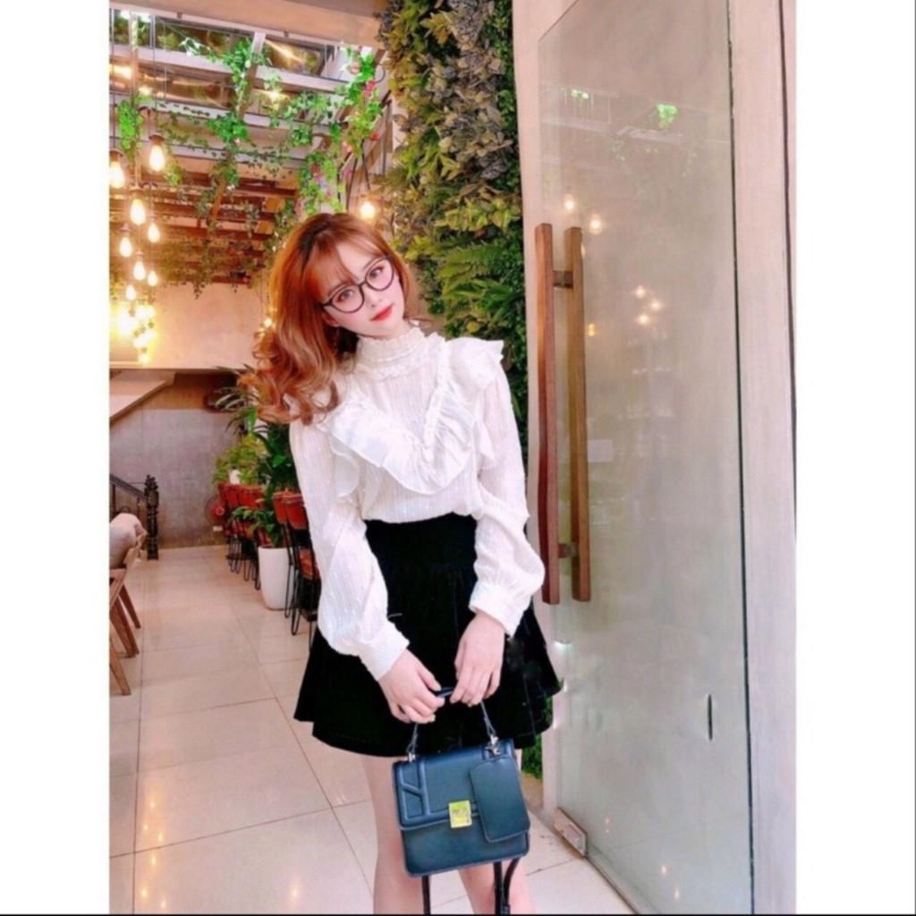 Áo Sơ Mi Tơ Bèo Pha Ren Viền Chữ V Nút Ngọc 2 Lớp Kèm Ảnh Tự Chụp