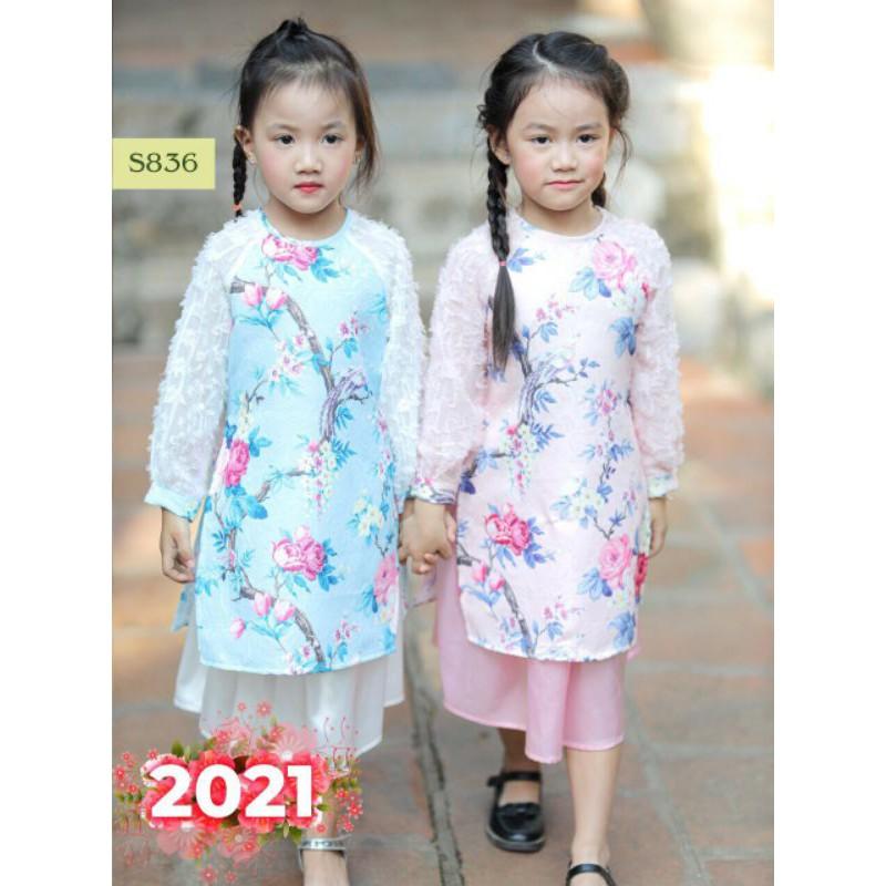 Áo dài bé gái tay ren bồng kèm nơ đầu size 1-10 cho bé từ 10-35kg. Tôn dáng, siêu xinh