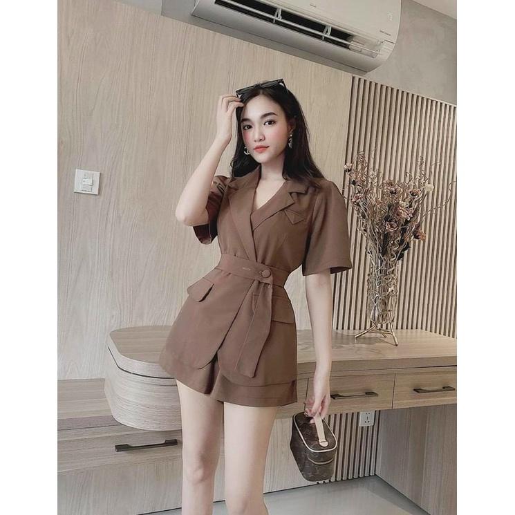 Sét bộ nữ áo kiểu vest tay ngắn eo thắt đai mix quần đùi from rộng sang trọng, xinh xắn cho nàng công sở