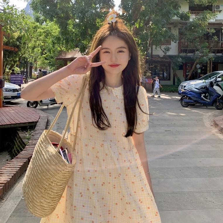 Đầm Dài Midi Cổ Sen Kẻ Sọc Caro Hoạ Tiết Hoa Nhí Ulzzang
