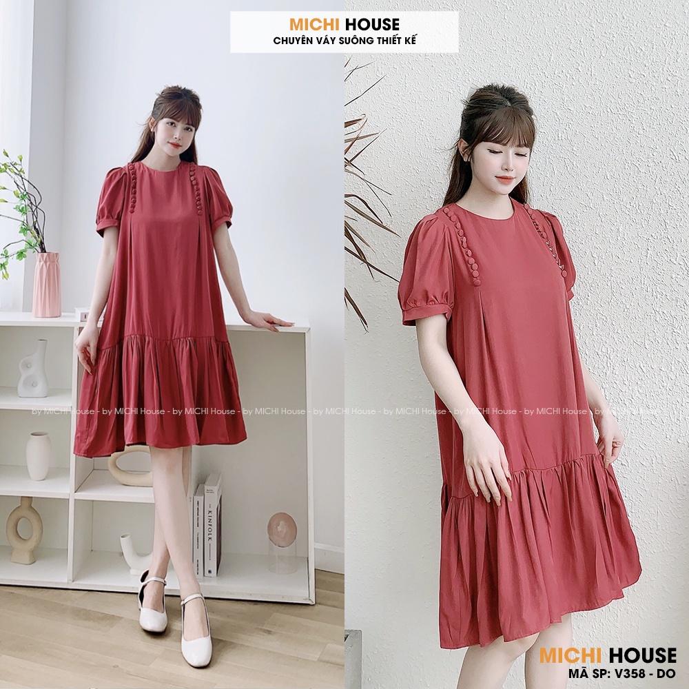 Đầm Suông Đuôi Cá Ngắn Tay Đính Cúc MICHI House V358 Váy Suông Lụa Tơ Mềm Mát Freesize