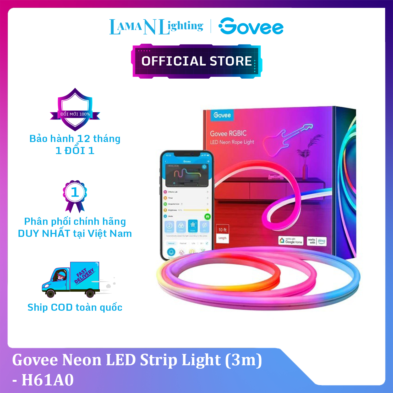 Dây đèn LED RGB Govee Neon LED Strip Light 3M H61A0 | Đèn DIY trang trí, chống thấm nước, công nghệ RGBIC 16 triệu màu, 64 chế độ tự động| Hàng chính hãng