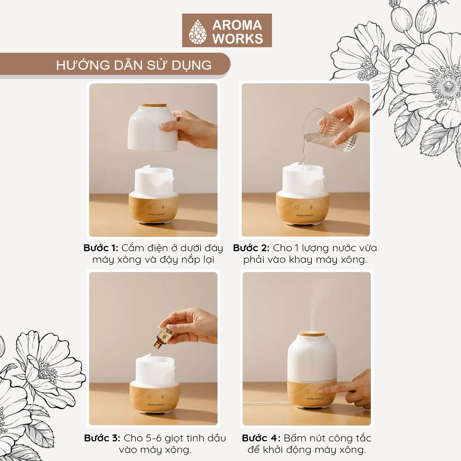 Máy xông tinh dầu Aroma Works xông phòng làm đèn ngủ, giúp khử mùi, đuổi muỗi, thanh lọc không khí, dễ ngủ