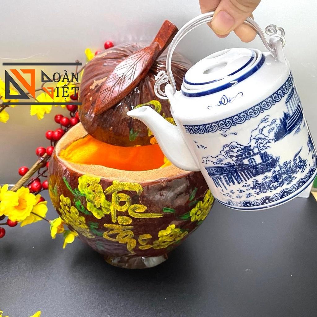 Bình Ủ ẤM trà, VỎ Ủ GIỮ ẤM TRÀ bằng TRÁI DỪA vẽ chữ THƯ PHÁP kèm ẤM TRÀ SỨ - THỦ CÔNG MỸ NGHỆ