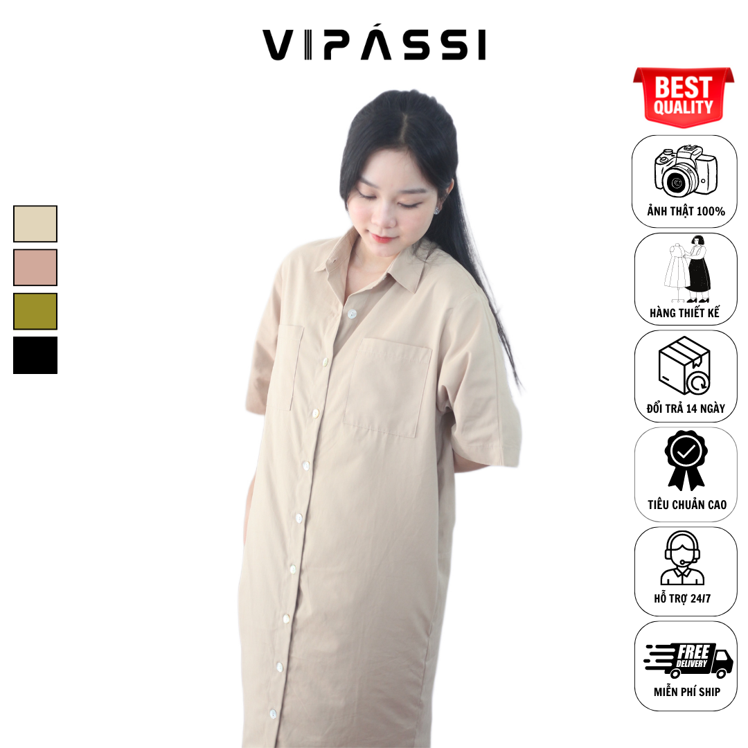 VIPASSI Đầm Suông Dài Linen Cổ Sơ Mi Cài Nút Tay Ngắn 2 Túi Đối Xứng