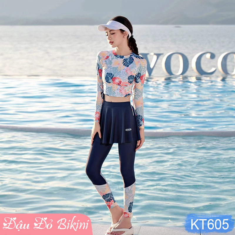 Bộ bơi nữ dài tay chống nắng toàn thân, thiết kế 3 mảnh mới trẻ trung cho eo thon gọn, thun bơi lạnh cao cấp dày mịn mát, bảo vệ da tối ưu và tôn dáng hoàn hảo | KT605