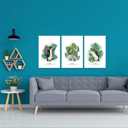 Bộ 3 tranh treo tường phòng khách “Những chú chim cánh cụt” | Tranh trang trí hiện đại W3462