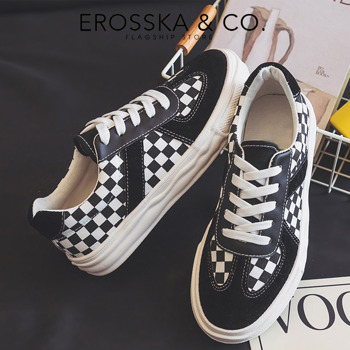 Erosska - Giày sneaker nữ đế dày mũi tròn hoạ tiết caro cá tính - GS019