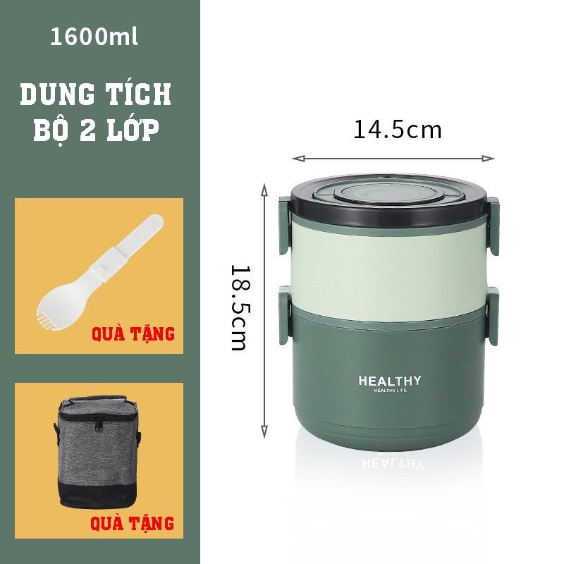 Hộp Đựng Cơm Giữ Nhiệt Healthy INOX 304 - Dung tích 1.6 - 2.2L Tặng kèm Muỗng + Túi giữ nhiệt