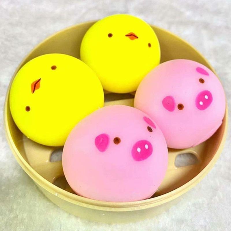 Bánh bao màn thầu squyshi mềm mại hộp 3 chiếc heo hồng gà vàng gấu trúc