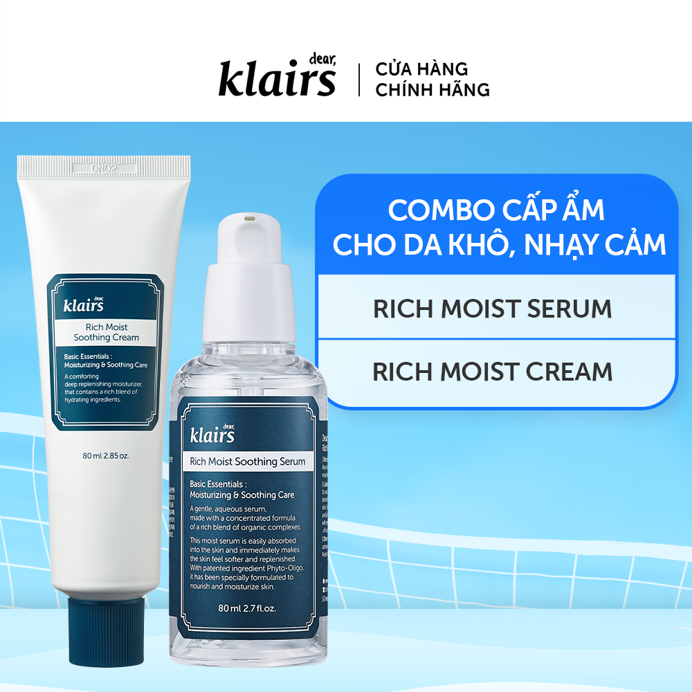 Combo Dear, Klairs tinh chất Rich Moist Soothing Serum 80ml + Dear, Klairs Kem dưỡng Rich Moist Soothing Cream 80ml