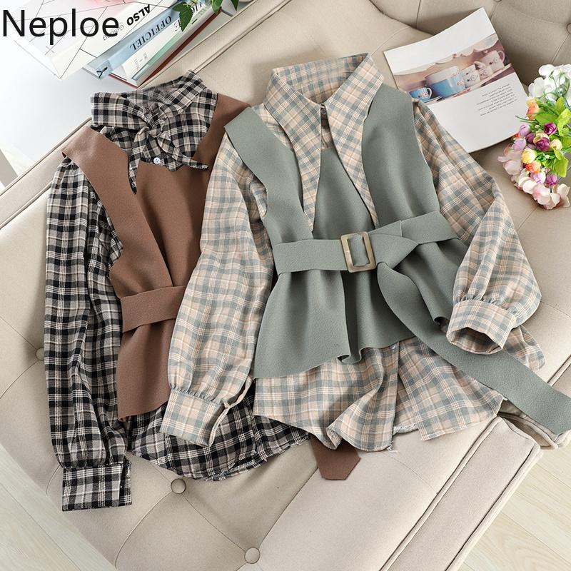 Neploe Retro Kẻ Sọc Đơn Ngực Rời Đáy Áo Sơ Mi + Slim Dây Lưng Woolden Áo Vest Thanh Lịch 2 Nữ bộ 2021 New 46998